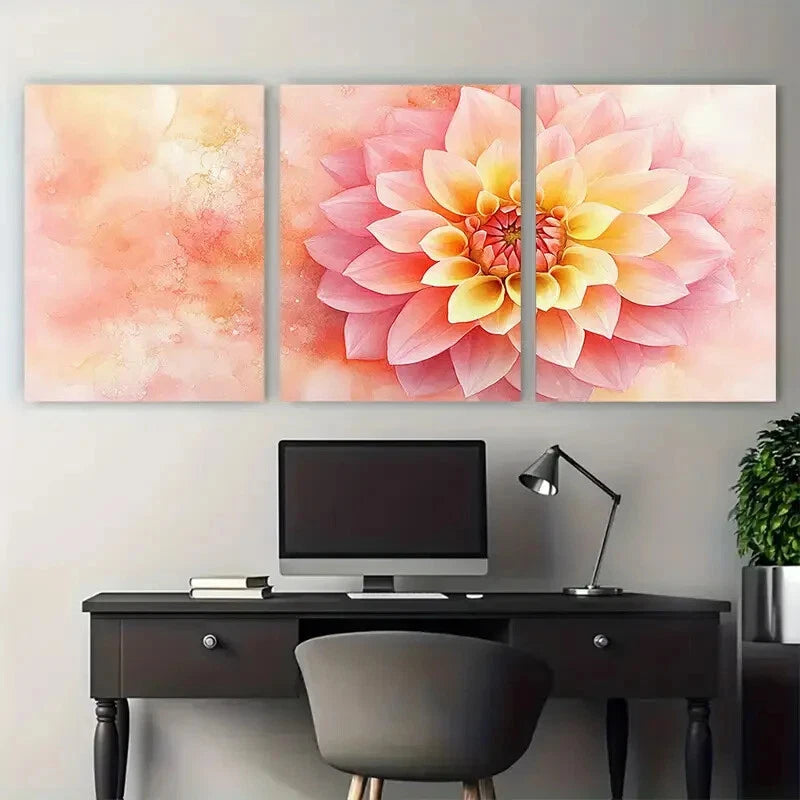 3pcs Soft Pink and Yellow Dahlia Elegant Floral Metal Print Ready to Hang Art - Bella Home Decor
