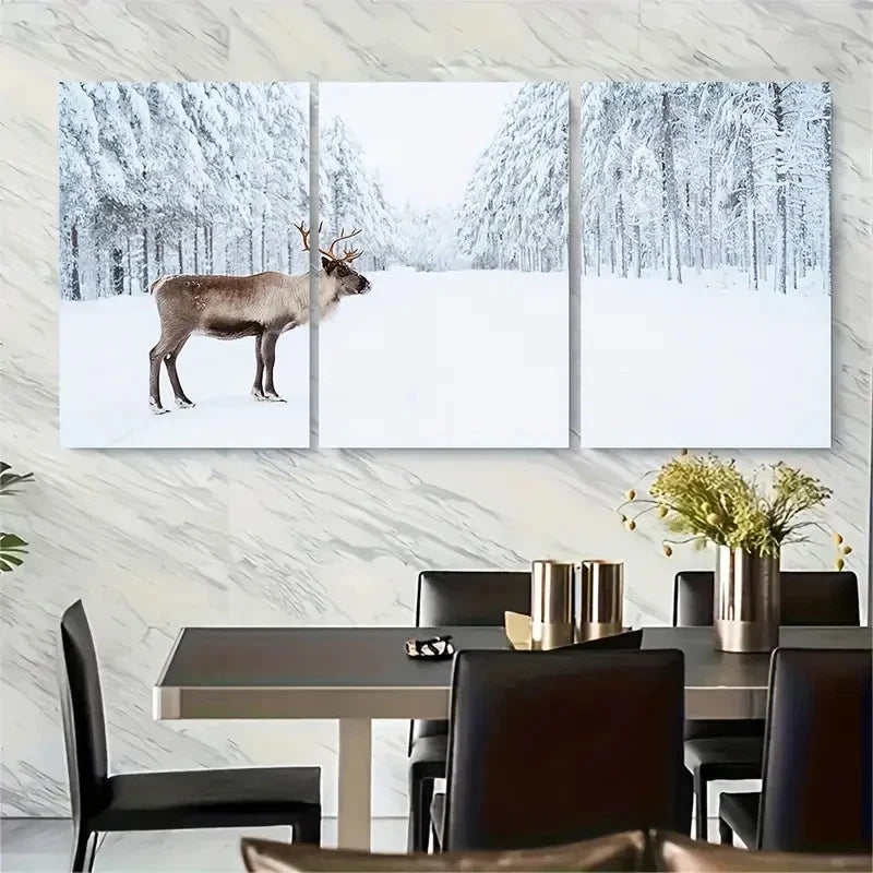 3pcs Moose In Snow Winter Metal Print Ready to Hang Art