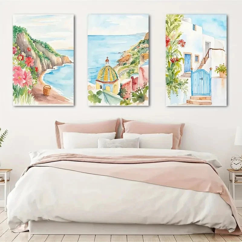 3pcs Italian Coast Mediterranean Seascape Painting Metal Print Ready to Hang Art - Bella Home Decor