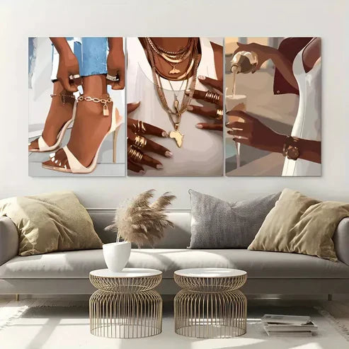3pcs Fashionable Black Women With Heel Rings & Wine Glass Wall Art Canvas Unframed - High Quality Print 100% Australian Made Wall Canvas