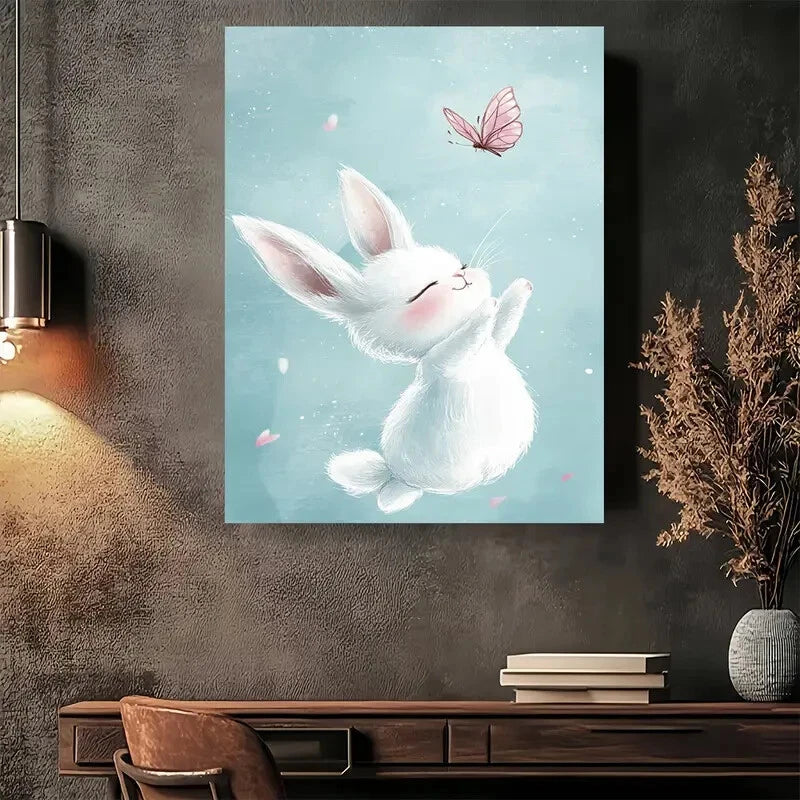 Beautiful Whimsical Bunny and Butterfly Painting 40x60cm Metal Print Ready to Hang - Bella Home Decor