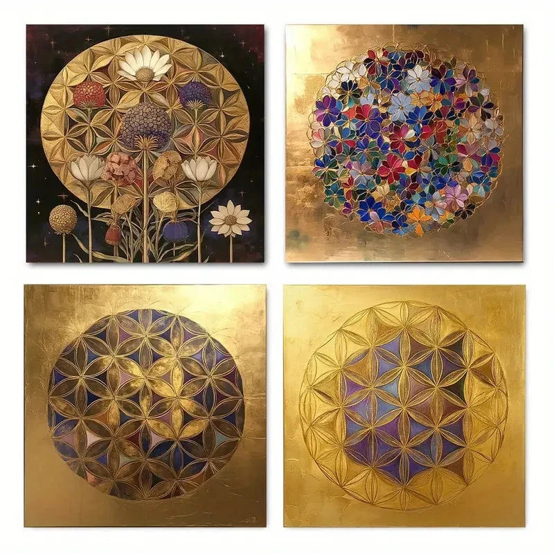 4pcs Flower Of Life Pastel Purples And Golden Wall Art Canvas Framed