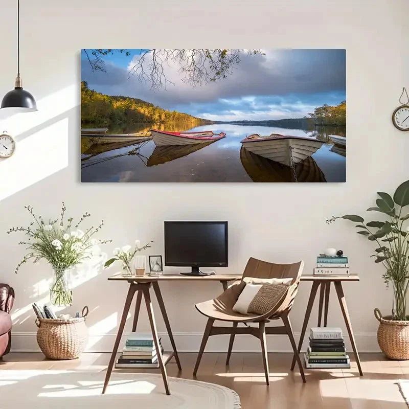 Serene Lake & Boats Decor Wall Art Canvas Office Home Room Framed 120x60cm
