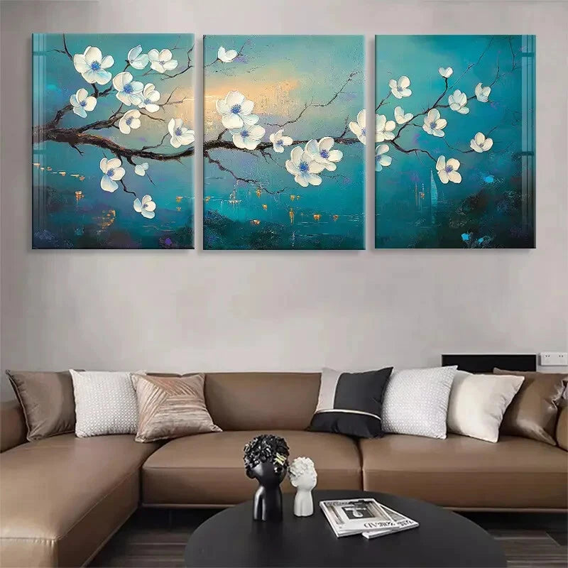 3pcs Elegant Magnolia Blossom Blue & White Tones Metal Print Ready to Hang Art - Bella Home Decor