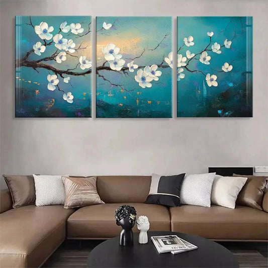 3pcs Elegant Magnolia Blossom Blue & White Tones Metal Print Ready to Hang Art