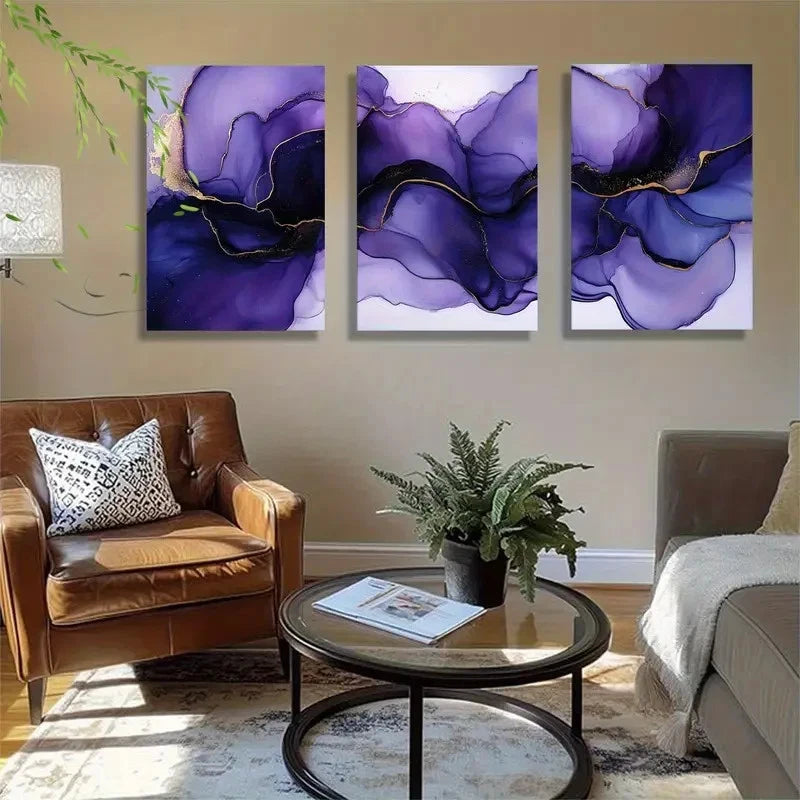 3pcs Flowing Purple Watercolor with Golden Veins Metal Print Ready to Hang Art - Bella Home Decor