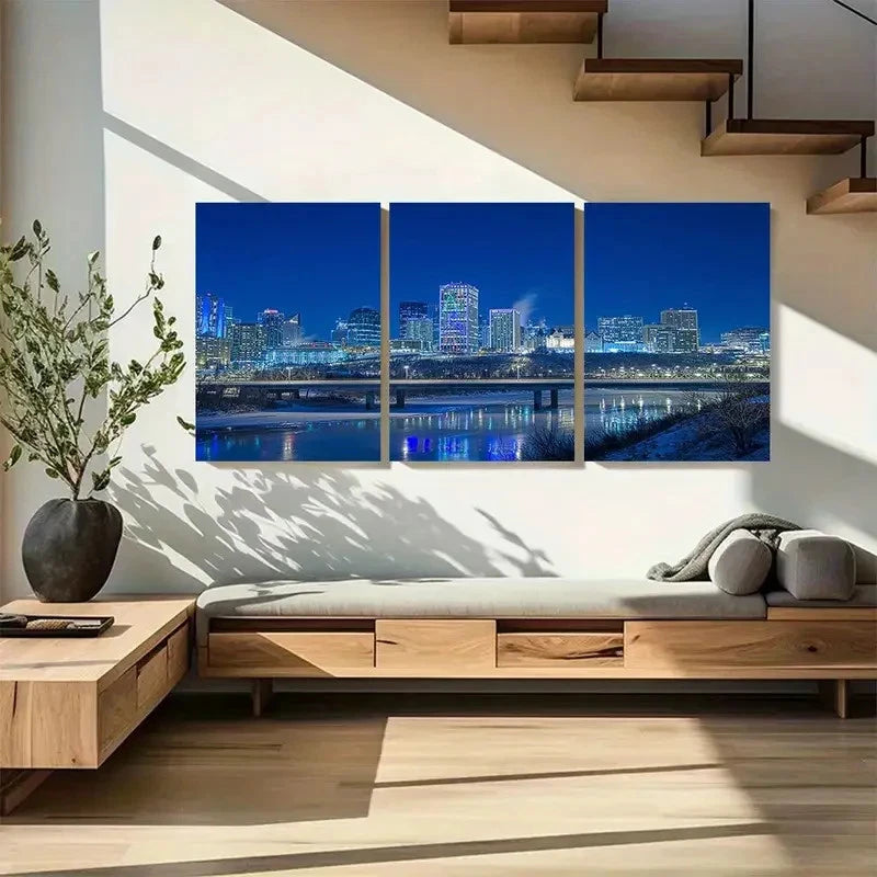3pcs Blue Night Cityscape with Vibrant Lights Metal Print Ready to Hang Art - Bella Home Decor