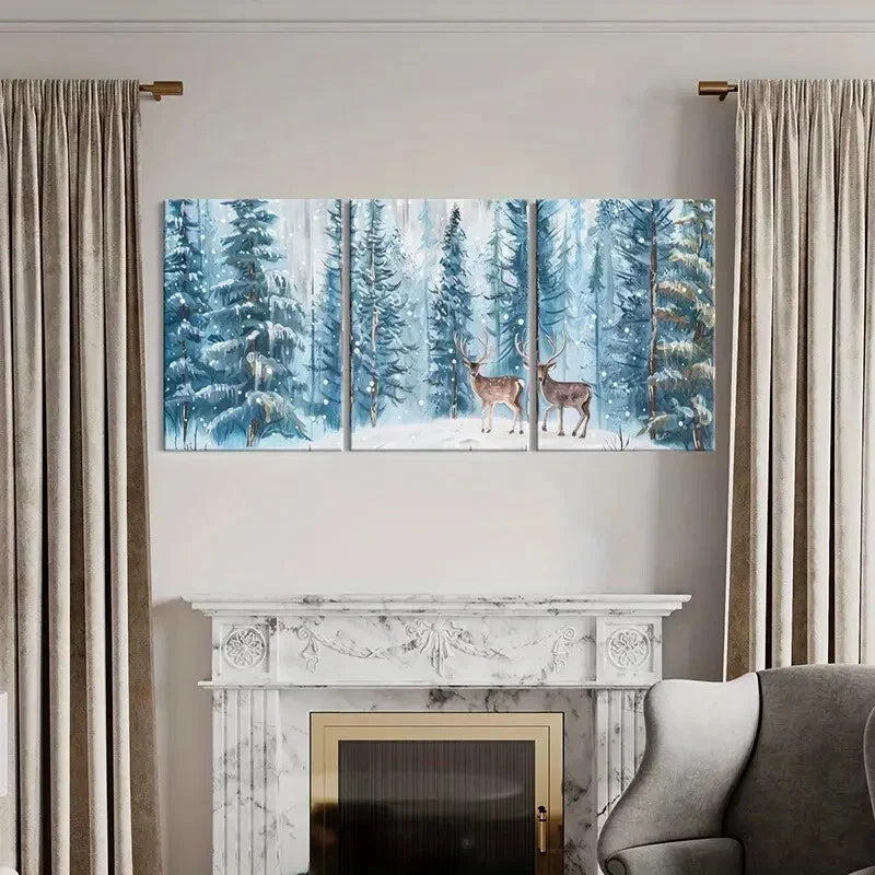 3pcs Winter Forest Deer Art Snowy Landscape Metal Print Ready to Hang Art - Bella Home Decor