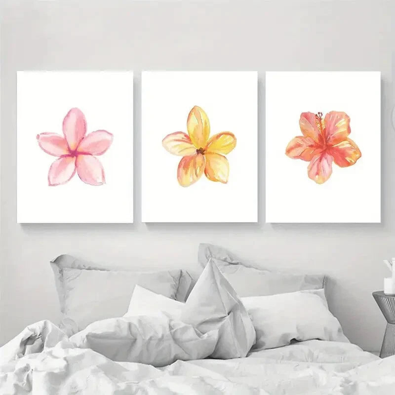 3pcs Tropical Flowers Wall Art Set Watercolor Metal Print Ready to Hang Art - Bella Home Decor