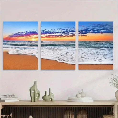 3pcs Beach Sunset Vibrant Seascape Sandy Shore Wall Art Set Canvas Unframed - High Quality Print 100% Australian Made Wall Canvas - Bella Home Decor