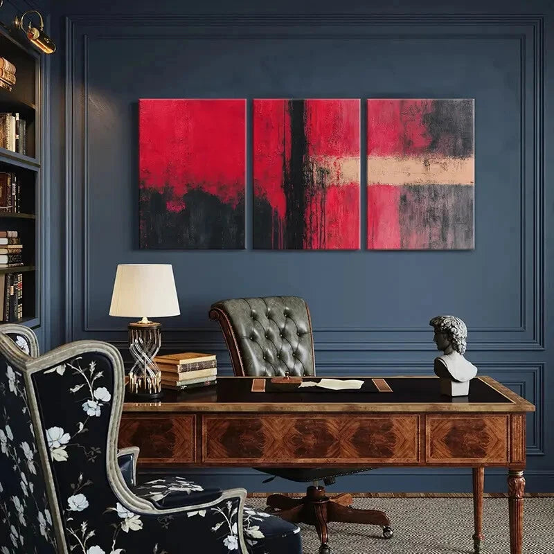 3pcs Abstract Art Red Black White Geometric Design Metal Print Ready to Hang Art - Bella Home Decor