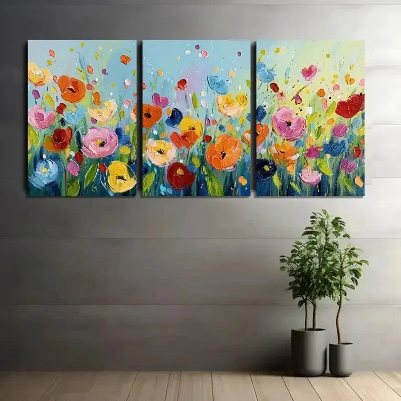 3pcs Colorful Flowers Painted with Simple Brushes Metal Print Ready to Hang Art - Bella Home Decor