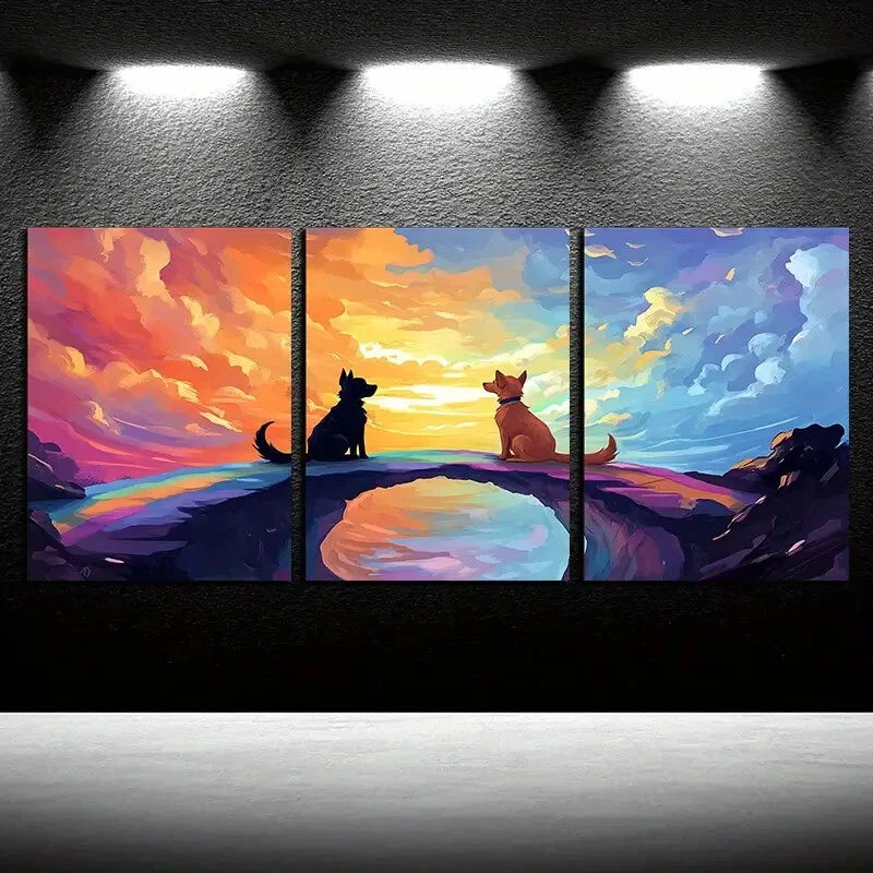 3pcs Vibrant Rainbow Bridge Dogs Design Metal Print Ready to Hang Art - Bella Home Decor