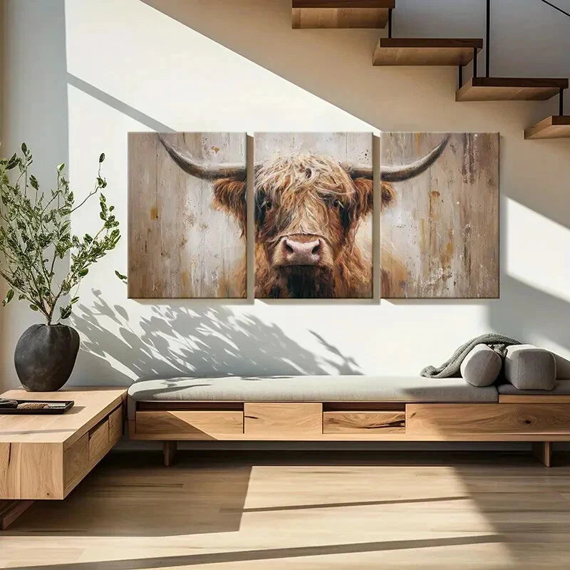3pcs Highland Cow Art Rustic Farmhouse Painting Metal Print Ready to Hang Art - Bella Home Decor