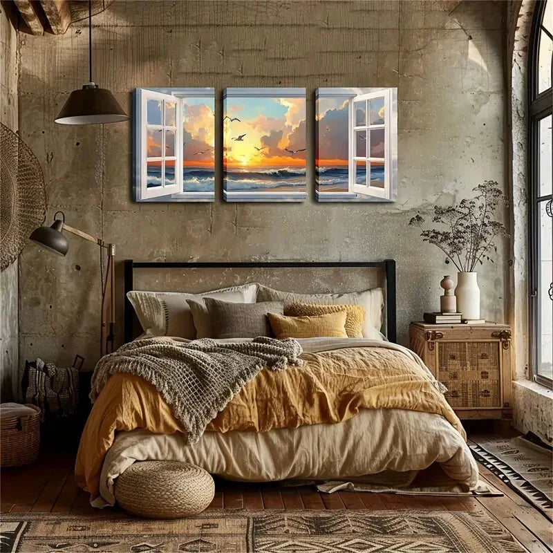 3pcs Serene Ocean & Sky Scene With Warm Perfect Wall Art Set Canvas Framed 60x90cm - High Quality Print 100% Australian Made Wall Canvas Ready to Hang - Bella Home Decor