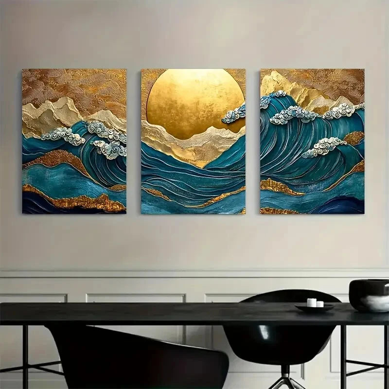 3pcs Golden Sun Colorful Design Metal Print Ready to Hang Art - Bella Home Decor