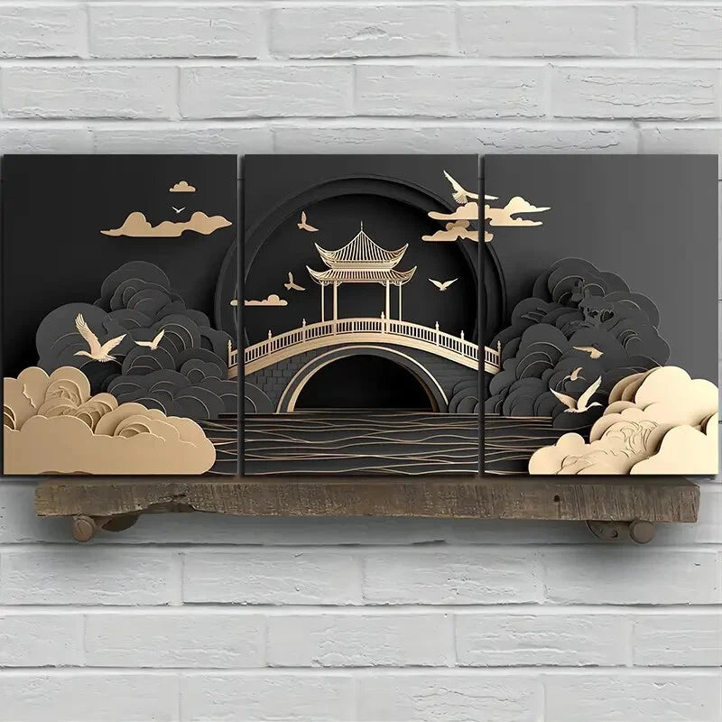 3pcs Beautiful Arch Bridge Golden Themed Metal Print Ready to Hang Art - Bella Home Decor