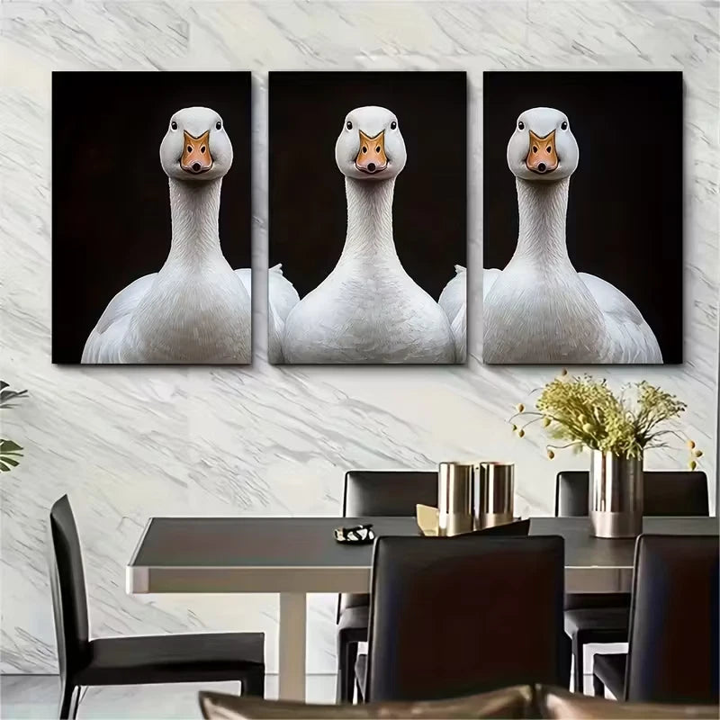 3pcs Three White Geese Painting Metal Print Ready to Hang Art