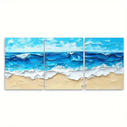 3pcs Blue Beach Abstract Painting Summer Sea Wall Art Set Canvas Framed 40x60cm - High Quality Print 100% Australian Made Wall Canvas Ready to Hang - Bella Home Decor