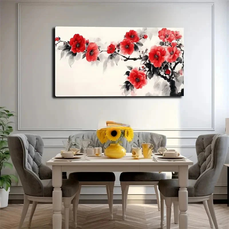 Branches & Leaves Red Camellia Wall Art Canvas Office Home Room Framed 120x60cm