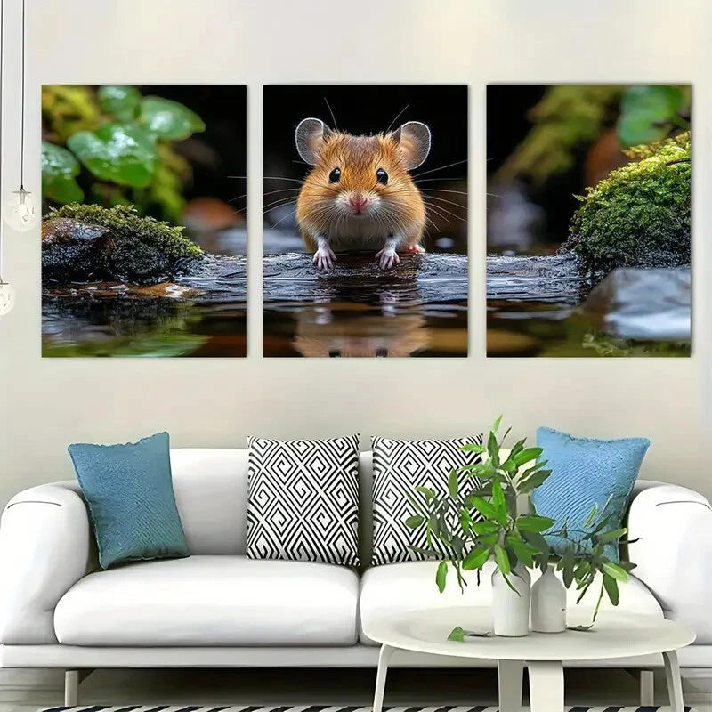 3pcs land Mouse On Log Tranquil Forest Perfect Wall Art Set Canvas Framed 40x60cm - High Quality Print 100% Australian Made Wall Canvas Ready to Hang - Bella Home Decor