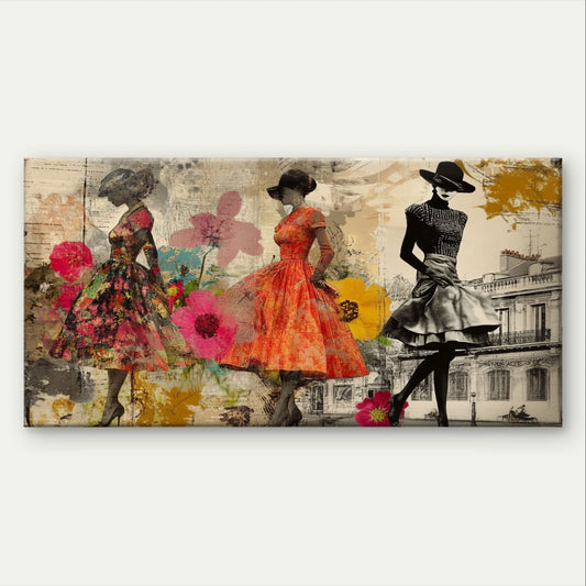 Vintage Fashion & Floral Ladies Collage Art Wall Art Canvas Office Home Framed 120x60