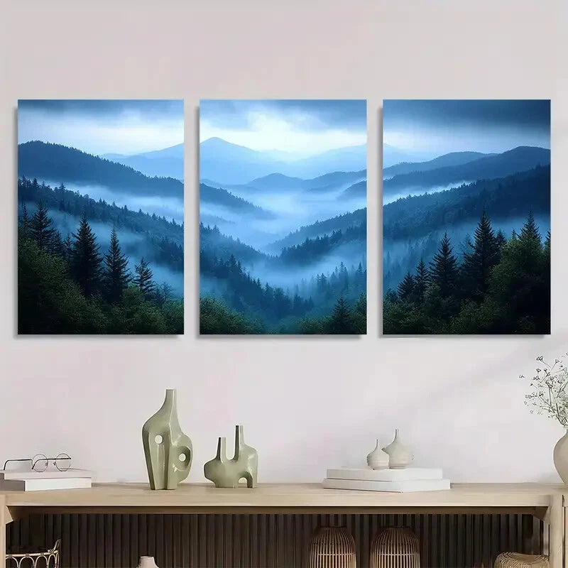 3pcs Serene Smoky Mountains Watercolor Metal Print Ready to Hang Art - Bella Home Decor
