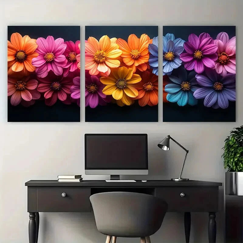 3pcs White Floral Abstract Modern Textured Metal Print Ready to Hang Art - Bella Home Decor
