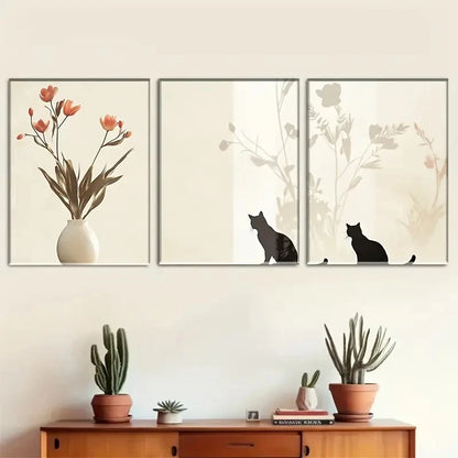 3pcs Charming Cat and Floral Wall Decor Metal Print Ready to Hang Art - Bella Home Decor