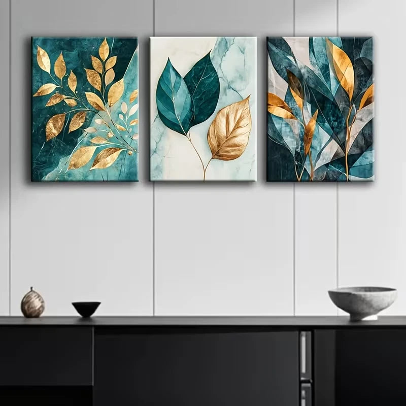 3pcs Cyan and Golden Leaves Metal Print Ready to Hang Art - Bella Home Decor