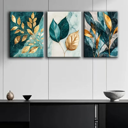 3pcs Cyan and Golden Leaves Metal Print Ready to Hang Art - Bella Home Decor