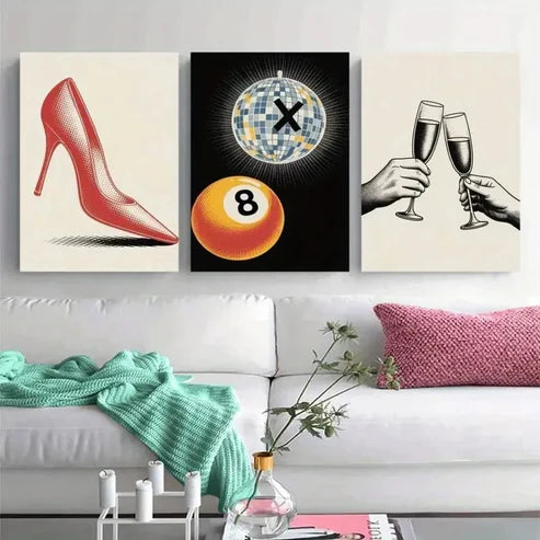 3pcs High Heels, Disco Ball, 8 Ball Wall Art Canvas Unframed - High Quality Print 100% Australian Made Wall Canvas