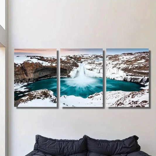 3pcs , Iceland Waterfall Winter Snow Scene Metal Print Ready to Hang Art
