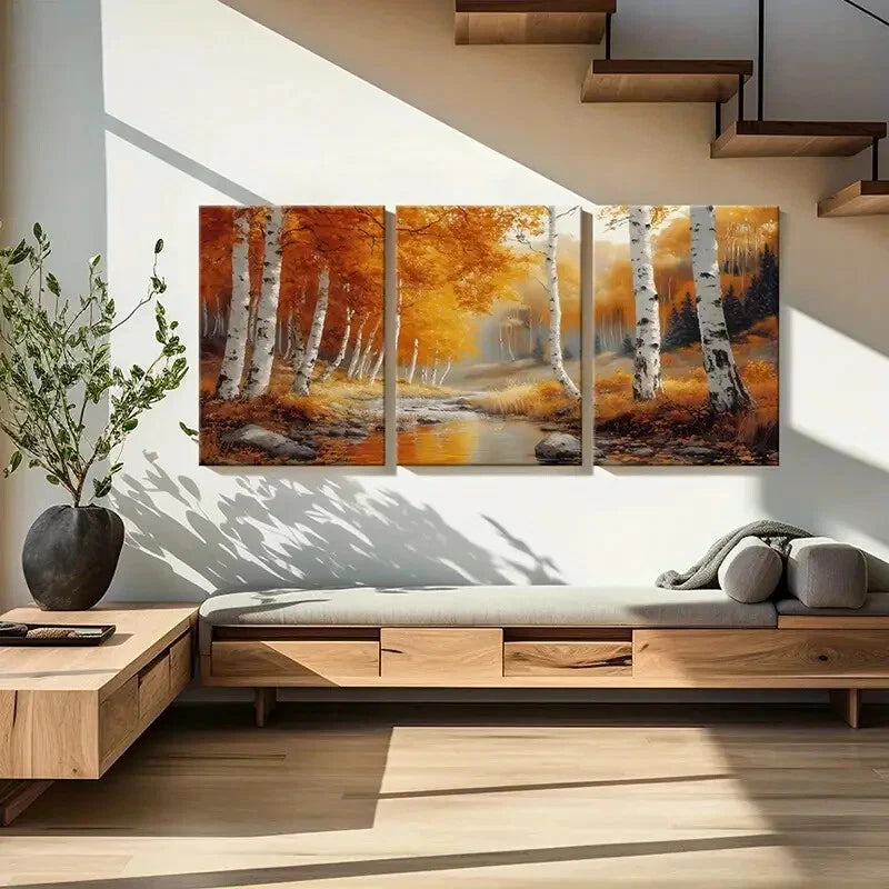 3pcs Autumn Birch Trees Golden Leaves Serene Metal Print Ready to Hang Art - Bella Home Decor