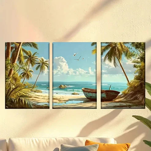 3pcs Boat on The Shore Wall Art Set Canvas Unframed - High Quality Print 100% Australian Made Wall Canvas - Bella Home Decor