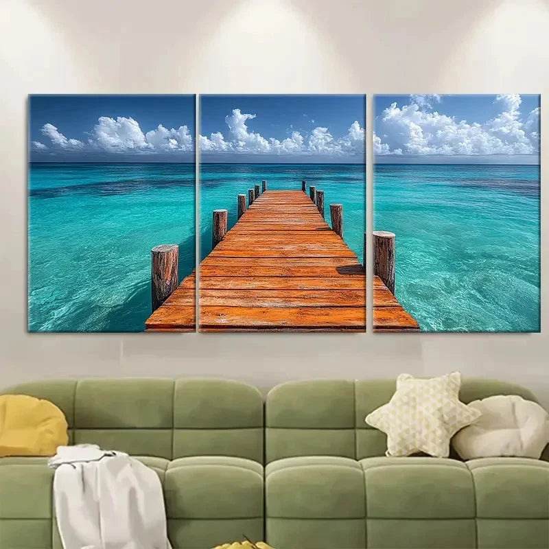 3pcs Wooden Pier Exotic Turquoise Seascape I  Wall Art Set Canvas Framed 40x60cm - High Quality Print 100% Australian Made Wall Canvas Ready to Hang