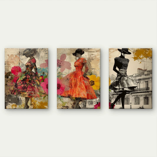 3pcs Vintage Fashion & Floral Ladies Collage Art Wall Art Set Canvas Framed 50x70cm - High Quality Print 100% Australian Made Wall Canvas Ready to Hang