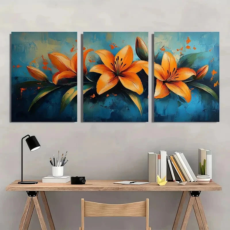 3pcs Lily Flower Oil Painting Abstract Original Metal Print Ready to Hang Art - Bella Home Decor