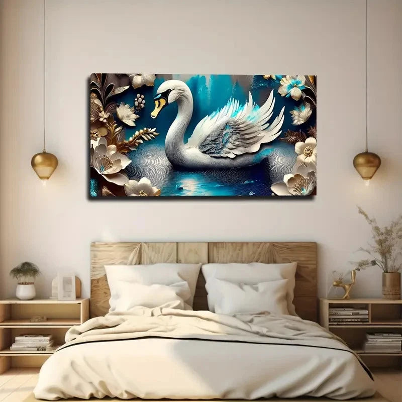Majestic Swan Floral Wall Art Canvas Office Home Room Framed 120x60cm