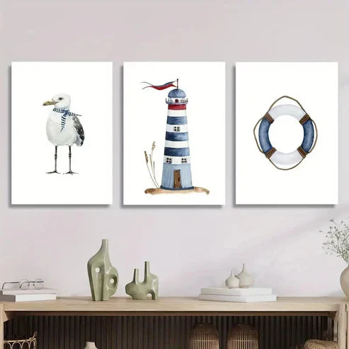 3pcs White Seagull Wearing Scarf, Lighthouse Wall Art Canvas Unframed - High Quality Print 100% Australian Made Wall Canvas