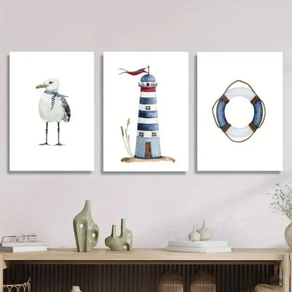 3pcs White Seagull Wearing Scarf, Lighthouse Wall Art Canvas Unframed - High Quality Print 100% Australian Made Wall Canvas