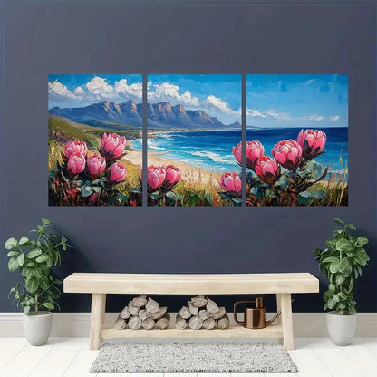 3pcs Vibrant Protea Flowers & Beach Scene Metal Print Ready to Hang Art - Bella Home Decor