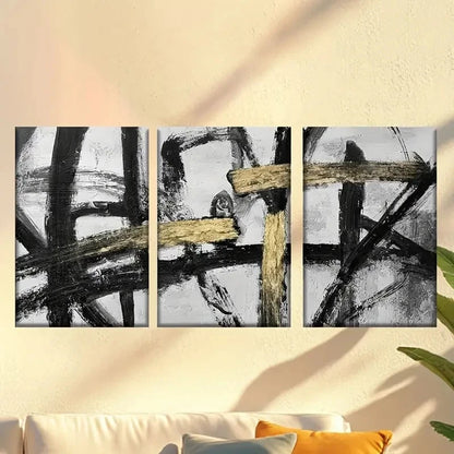 3pcs Painting with black & Golden paint strokes Wall Art Set Canvas Framed 40x60cm - High Quality Print 100% Australian Made Wall Canvas Ready to Hang