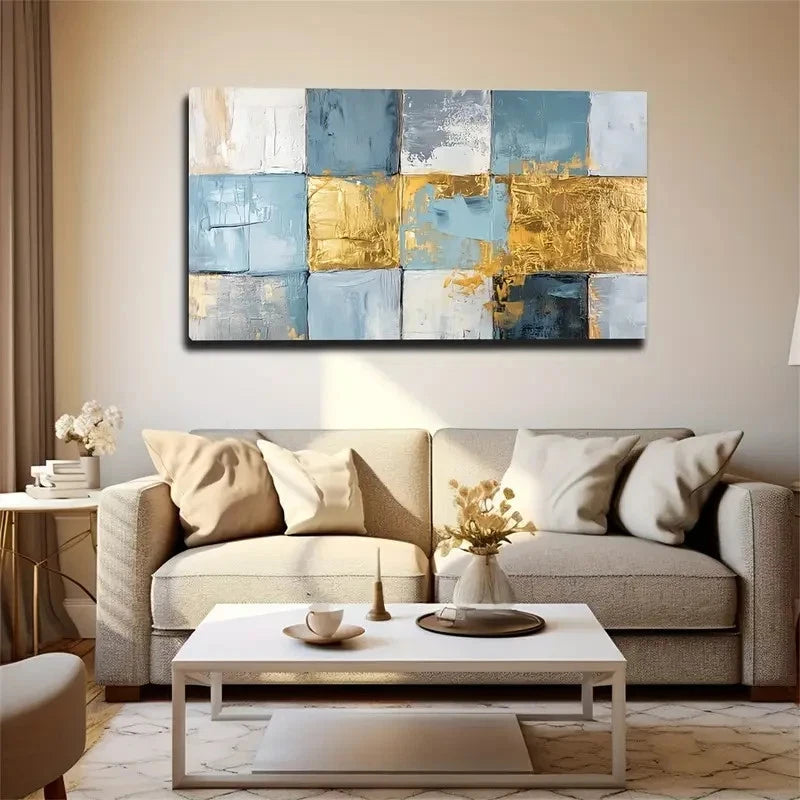 Deco Blue & Golden Square Wall Art Canvas Office Home Room Framed 120x60cm