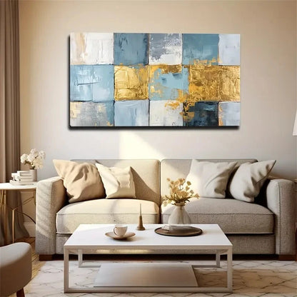 Deco Blue & Golden Square Wall Art Canvas Office Home Room Framed 120x60cm