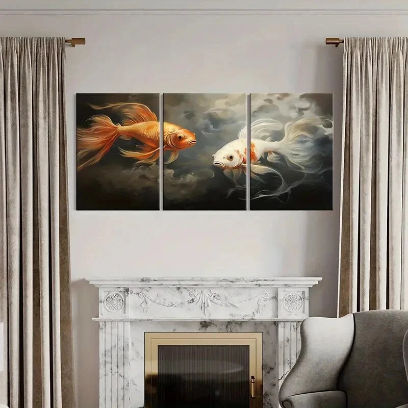 3pcs Golden Fish White Fish Smoke Effect Metal Print Ready to Hang Art - Bella Home Decor