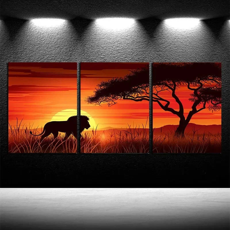 3pcs Lion on The Grassland Illustration Metal Print Ready to Hang Art - Bella Home Decor