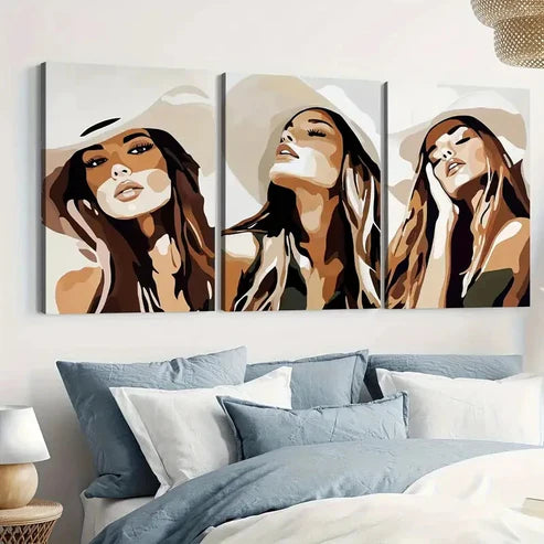3pcs Cowgirl Classic Modern Style Figures Gray White Wall Art Set Canvas Unframed - High Quality Print 100% Australian Made Wall Canvas - Bella Home Decor