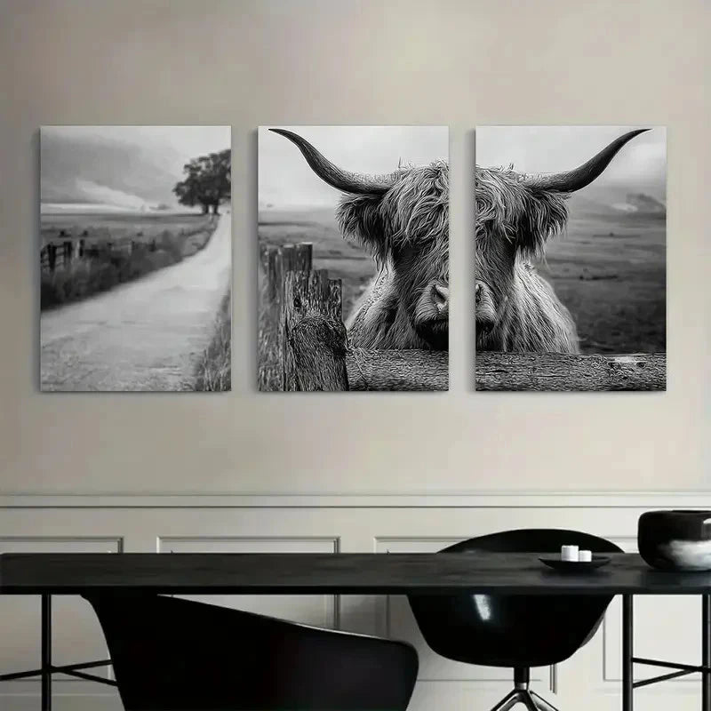 3pcs Black-and-White Highland Cow Behind a Fence Metal Print Ready to Hang Art - Bella Home Decor