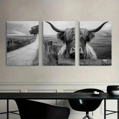3pcs Black-and-White Highland Cow Behind a Fence Metal Print Ready to Hang Art - Bella Home Decor